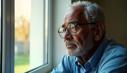 Elderly black man sits thoughtfully by window in nursing home. Gazes out sadly at world outside. Expression shows loneliness, contemplation. Aged skin, grey hair, glasses vulnerability. Poignant