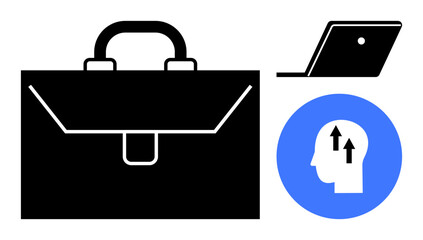 Black briefcase symbolizing work, laptop representing technology, head silhouette with arrows denoting growth and ideas. Ideal for business, career, productivity, innovation, success, corporate