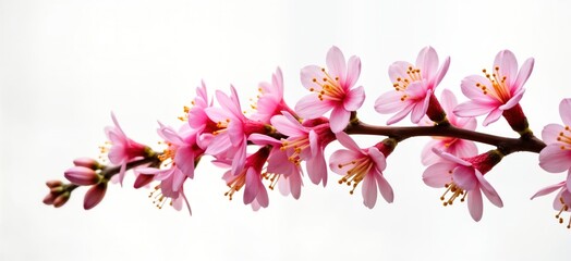 Fototapeta premium Closeup image of pink flowers on a twig. Blossoms are delicate and beautiful. Pink flowers and buds are in bloom. Natural flora image. Spring or summer floral scene. Light and airy image. Soft focus.