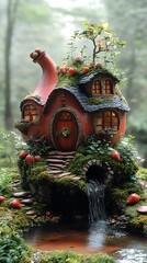 Fototapeta premium Whimsical teapot house fairy tale enchanted forest view image
