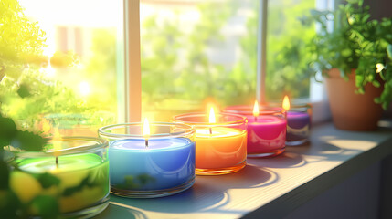 Fototapeta premium Colorful scented candles on sunny window ledge for relaxation and ambiance. global family day. Rainbow Ridge. Illustration
