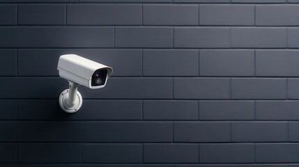 Modern Security Camera Mounted on Gray Brick Wall in Urban Setting for Surveillance and Safety Solutions
