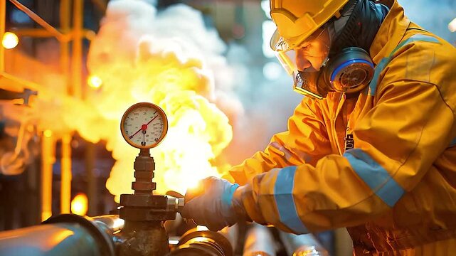 Industrial maintenance professional detecting and managing hazardous gas leak while wearing protective equipment, controlling fire incident within refinery processing facility