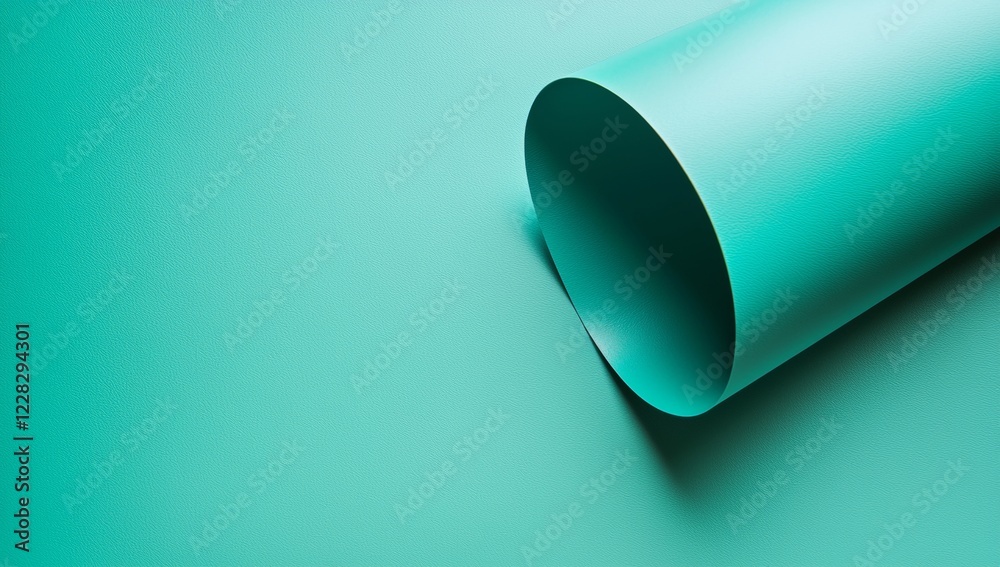 Poster rolled light green textured paper is creating an abstract shape with its curved edge and casting a s