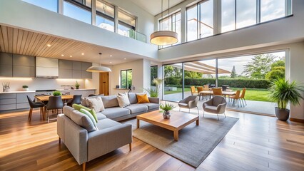 Fototapeta premium Panoramic Minimalist Home Interior: Clean Lines, Simple Elegance