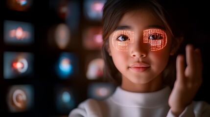 Girl, digital overlay, futuristic screens, technology, education