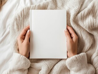 Woman relaxing on a bed, wrapped in a cozy sweater, holding a blank book cover, creating an inviting atmosphere ideal for displaying designs in a comfortable home setting