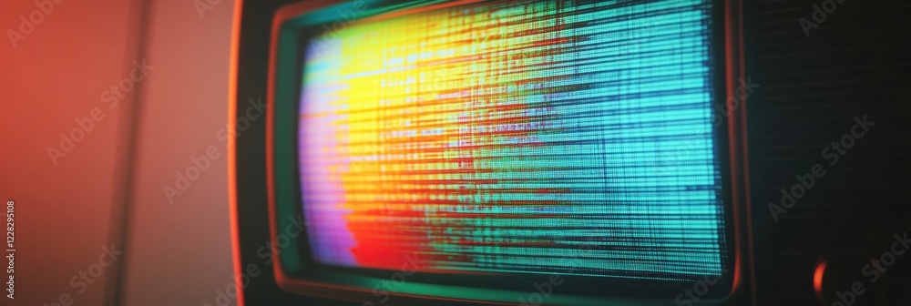 Poster retro television display shows static noise with vibrant and colorful glitch patterns in a nostalgic