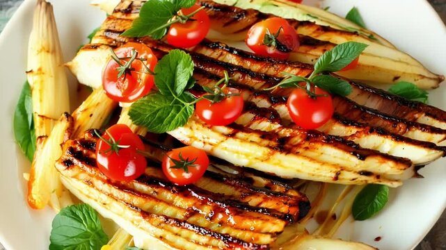Grilled endive boats are topped with roasted cherry tomatoes, fresh herbs, and spices, creating a delicious and healthy appetizer or side dish