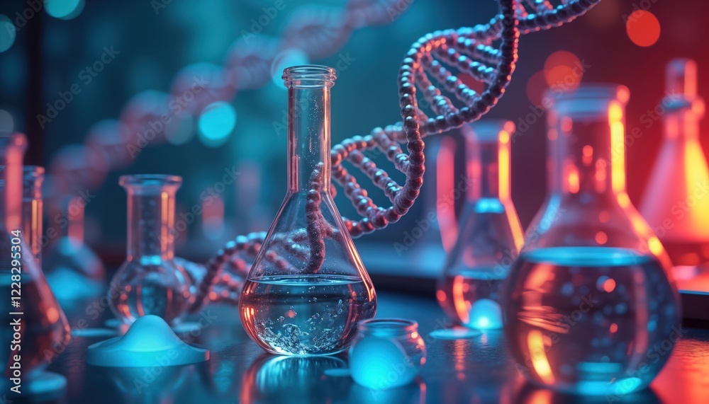 Poster Abstract futuristic lab scene displays glassware filled with liquid. DNA helix structure prominent. Modern scientific research concept. Empty lab setting shows advanced tech. Focus on biochemistry,