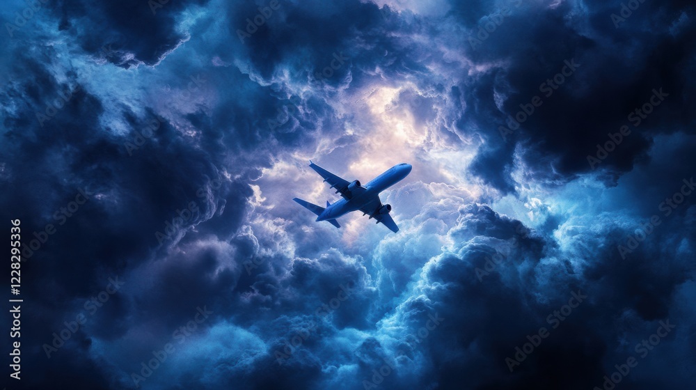 Poster airplane navigating through dramatic stormy clouds at sunset with rays of light piercing the sky. ge
