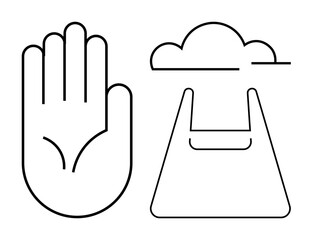 Open hand gesture beside a cloud and bag in minimalist line art. Ideal for mindfulness, cloud computing, sustainability concepts, environment, digital storage, human contact, eco-friendly practices