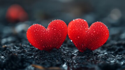 Fototapeta premium A heart of red flowers covered in dewdrops, symbolizing love and serenity. Ideal for Valentine's, nature, and art themes.