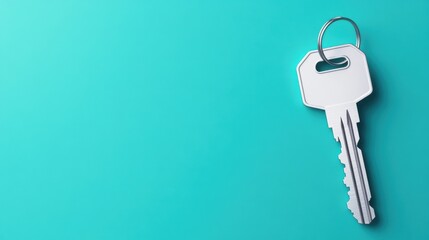 Simple Key Hanging from a Metal Ring on a Bright Turquoise Background Isolated for Minimalistic Design