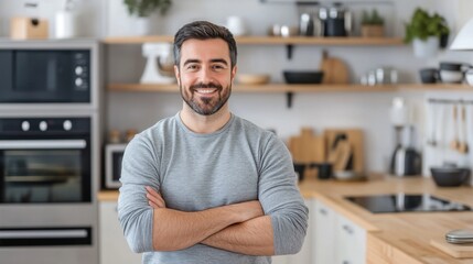 Fototapeta premium Smiling man in modern kitchen with crossed arms, casual attire and inviting atmosphere, home cooking concept