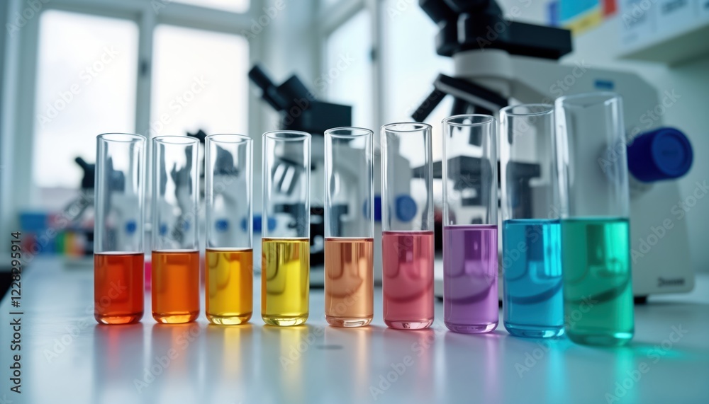 Poster Colorful test tubes filled with liquids stand in modern lab. Microscopes in background. Scientific research in progress. Organized lab setting indicates focus on precision, innovation in study of