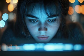 Close-up portrait of a young woman with freckles, intensely focused on a glowing screen at night.