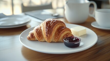 A freshly baked croissant served on a simple white plate, with minimal jam and butter on the side, Croissant perfectly centered