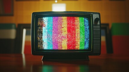 Static noise on retro television screen with colorful glitch patterns in a vintage setting....