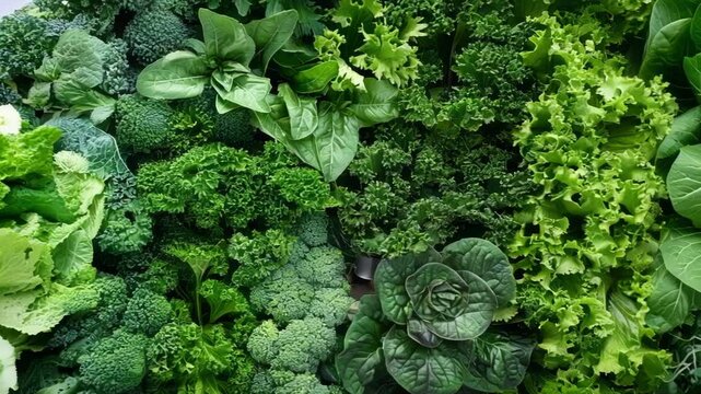 Variety of leafy green vegetables are laying flat, creating a vibrant green background promoting healthy eating and wellbeing