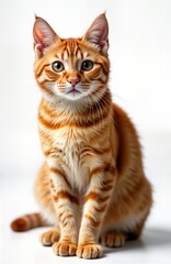 Obraz premium Adorable ginger cat sits on white background. Cute pet portrait. British orange cat looks directly at viewer. Fluffy fur. Isolated animal. Domestic cat. Purebred. Perfect for pet lovers animal