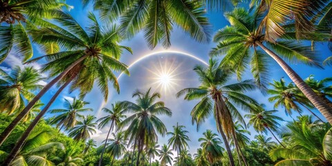 Fototapeta premium Panoramic Sun Halo Paradise: Palm Trees Encircling Bright Sunlight