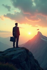 Fototapeta premium Businessman figure silhouetted against sunlit sky with flag flying on mountaintop, aspiration, professional growth, scenic landscape