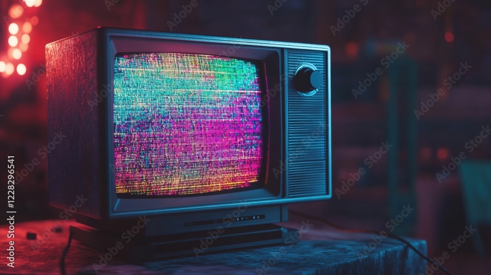 Poster retro television screen displaying colorful glitch patterns with static noise in a dimly lit room. g