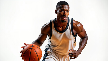 Determined athlete with basketball dribbles intensely. Focused player charges toward hoop. Muscular body in motion conveys strength, agility. Energetic drive of player evident. High-impact photo