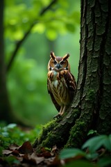 Obraz premium Brown Owl Sitting on Tree Trunk in Dense Forest , forest, brown owl, nature