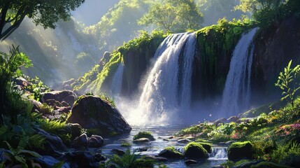 Lush jungle waterfall, sunlight streams, tranquil stream, vibrant flora, nature background, ideal for travel posters
