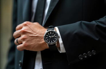 Close-up view of man wearing black suit, wristwatch. Man holds wristwatch. Elegant classy business man wearing formal suit, nice watch. Stylish man dressed up elegantly. Businessman checking time on