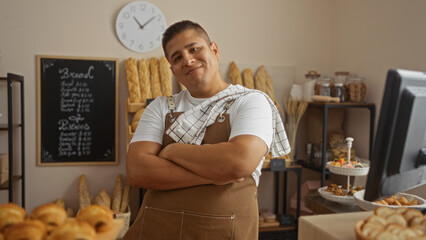 Young hispanic man with crossed arms in a bakery interior, surrounded by fresh bread and pastries, expressing confidence in his shop