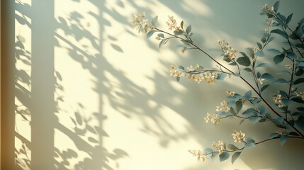 Delicate floral shadows cast on wall indoor space nature soft lighting tranquil atmosphere
