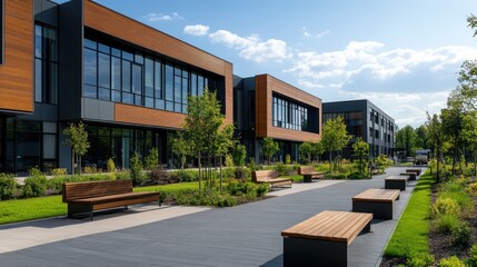 Modern Business Complex with Glass Facades and Wooden Benches in a Bright Urban Landscape