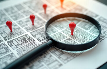 Magnifying glass focuses on vacant land plot location on blueprint. Searching ideal location for construction project. Urban development plan. Real estate investment. Checking vacant lots on map for