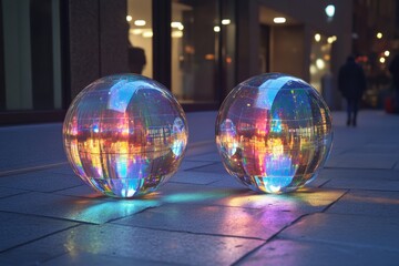Illuminated transparent spheres reflecting city lights urban street evening close-up creativity