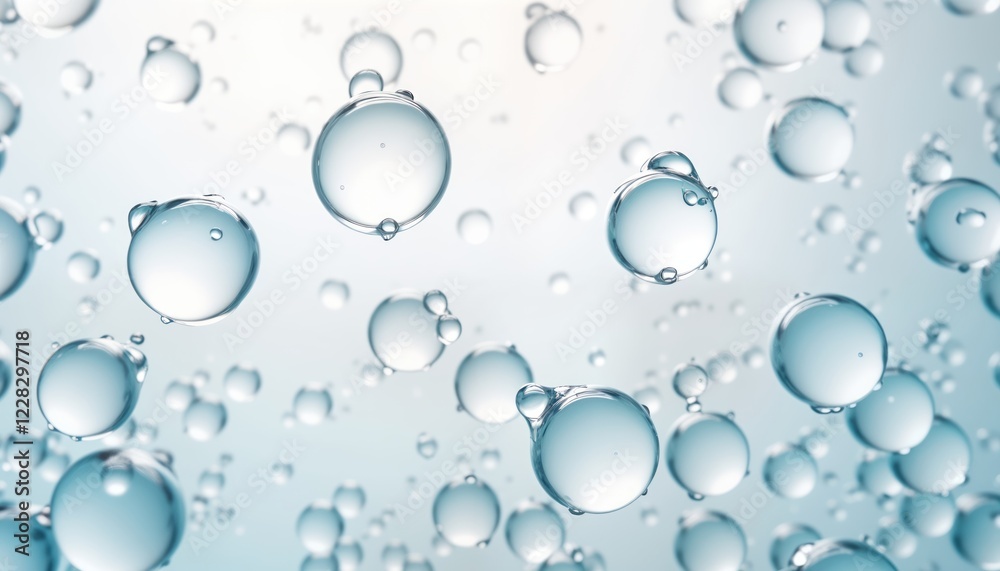 Poster Closeup view of numerous transparent bubbles in light blue liquid. Bubbles vary in size, position. Liquid appears clean, fresh. Soft light background enhances transparency, glossy effect of bubbles.