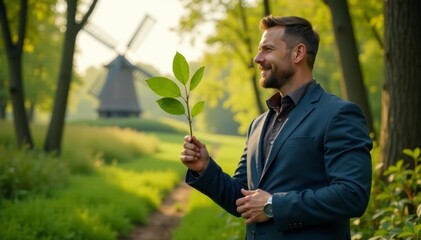 Businessman holding a sapling in a forest with a windmill in the background, green energy, recycling, sustainability