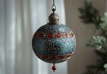 Ornate Blue and Red Decorative Hanging Bauble Against Soft Curtain Backdrop

