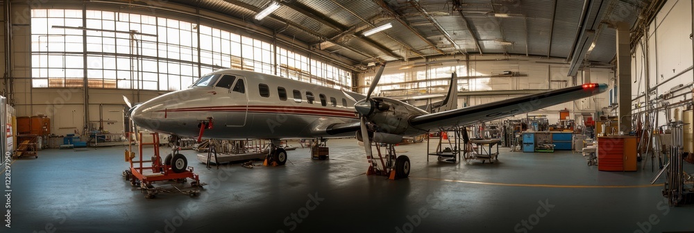 Poster aircraft maintenance workshop with a twin engine plane during daylight hours. generative ai