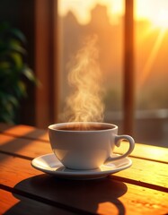 Sunrise warms wooden table steaming cup of coffee sits invitingly. Warm sunlight filters through window creating cozy atmosphere. Hot drink fills white ceramic mug on saucer. Morning light, steam