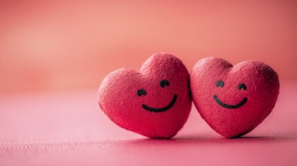 Smiling red paper hearts on pastel pink, representing love and fun. Ideal for Valentine's Day and creative greeting cards.