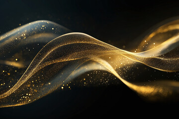 Elegant Flowing Golden Waves with Glowing Particles on a Dark Background, Abstract Futuristic Texture and Luxury Artistic Design