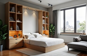 Modern studio apartment design features space-efficient Murphy bed seamlessly integrated into stylish wall cabinet. Minimalist style showcased by light colored wooden furniture, soft neutral tones.