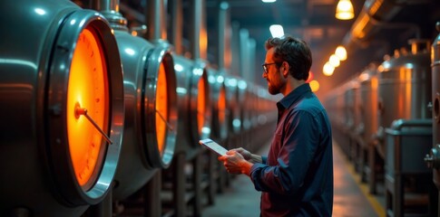Brewing expert carefully monitors fermentation tank levels, tanks, science, chemistry
