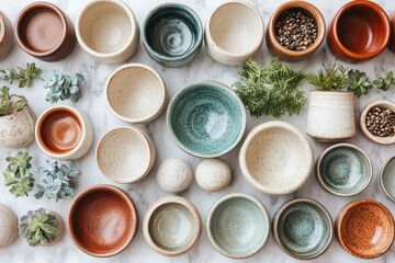 Artisan pottery collection natural light studio decorative bowls and planters minimalist aesthetic bird's eye view