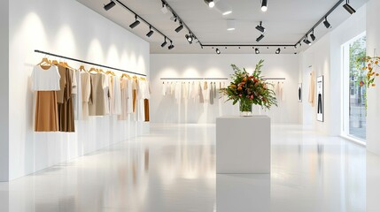 Obraz premium Elegant Fashion Boutique Interior Displaying Clothing Collections with Stylish Floral Arrangement in Center