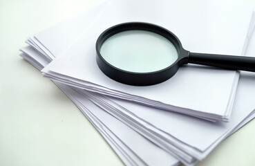 Pile of white papers examined using magnifying glass. Documents stacked on light surface likely inside office space. Researching, checking reviewing business documents evident. Concept of document