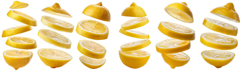 Set of fresh yellow lemon slices and halves floating on transparent background